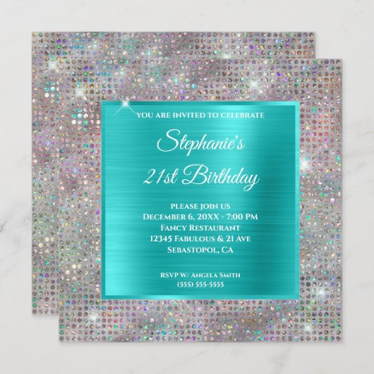 ターコイズホログラフダイヤモンドスタッドフォイル誕生日 招待状 (正面/裏面)