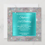 ターコイズホログラフダイヤモンドスタッドフォイル誕生日 招待状 (正面)