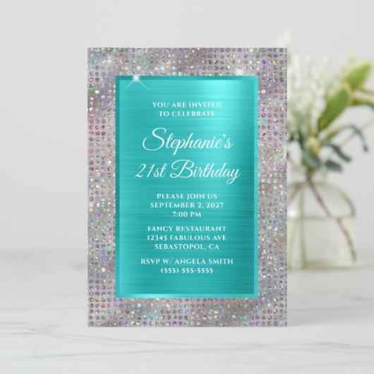 ターコイズホロダイヤモンドスタッズフォイル21歳の誕生日 招待状 (スタンド正面)