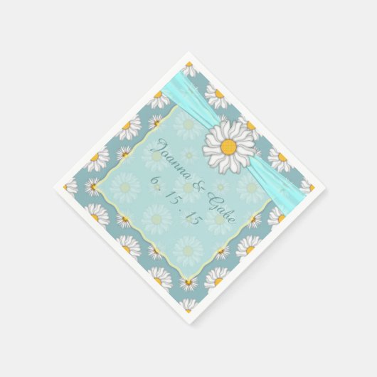 ターコイズホワイトイエローデイジーフラワーのウェディング スタンダードカクテルナプキン (角)