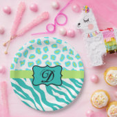 ターコイズホワイトグリーンゼブラヒョウ皮モノグラム ペーパープレート (パーティー)