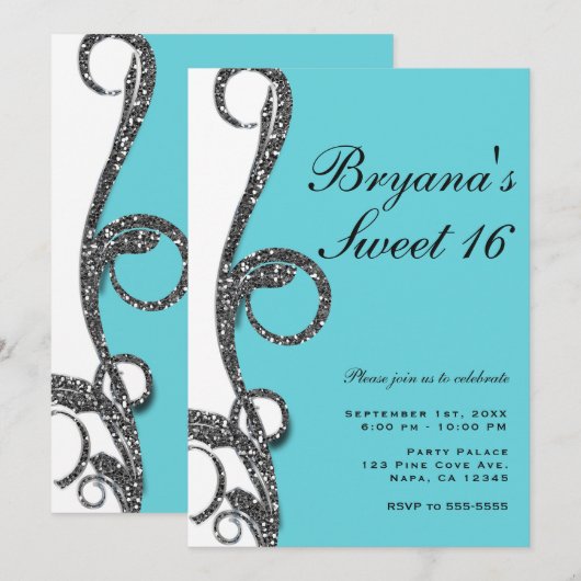 ターコイズホワイトシルバーグリッター スワール スイート16パーティー 招待状 (正面/裏面)