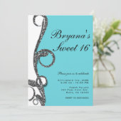 ターコイズホワイトシルバーグリッター スワール スイート16パーティ 招待状 (スタンド正面)