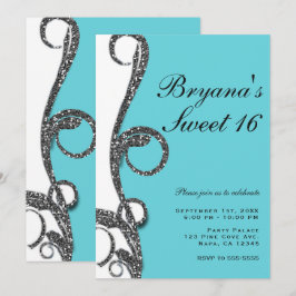 ターコイズホワイトシルバーグリッター スワール スイート16パーティ 招待状