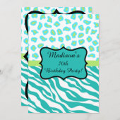 ターコイズホワイトゼブラヒョウ70th誕生日パーティー 招待状 (正面/裏面)