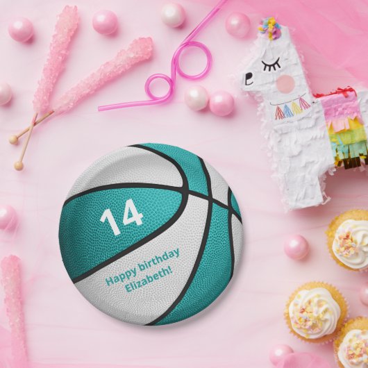 ターコイズホワイトバスケットボールの誕生日パーティー ペーパープレート (パーティー)