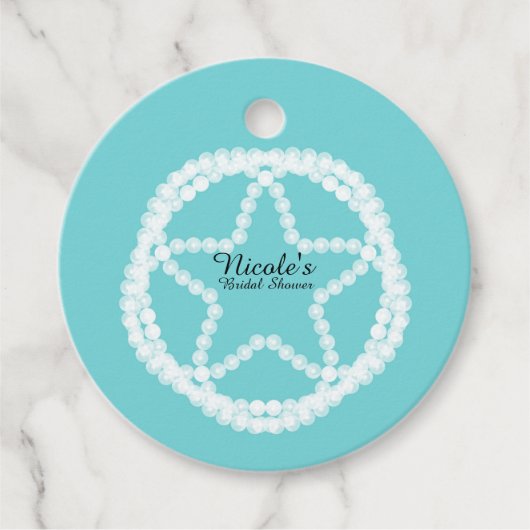ターコイズホワイトパールスタースタイルのウェディング ブライダルシャワー フェイバータグ (正面)