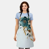 ターコイズホワイトフラワーゴールデン葉 エプロン (着用した状態)