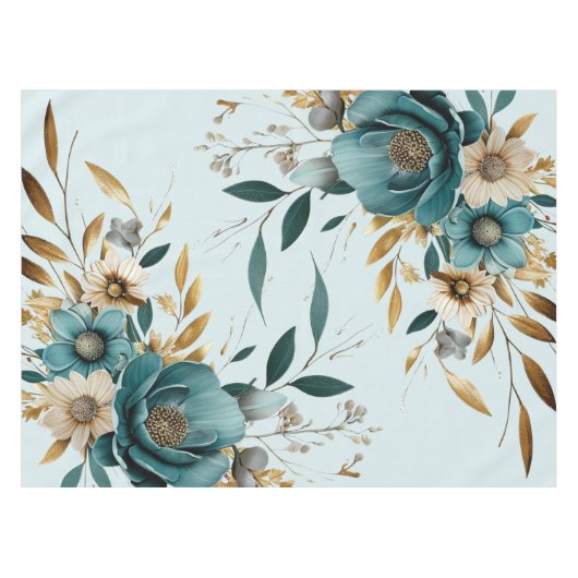 ターコイズホワイトフラワーゴールデン葉 テーブルクロス (正面(横))