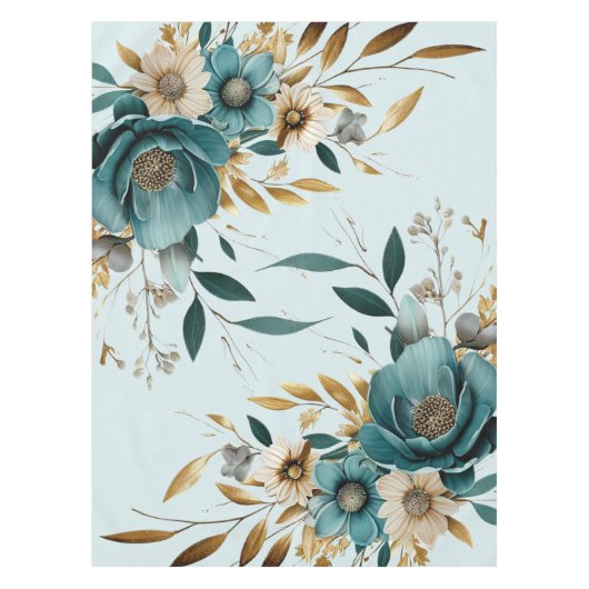 ターコイズホワイトフラワーゴールデン葉 テーブルクロス (正面)