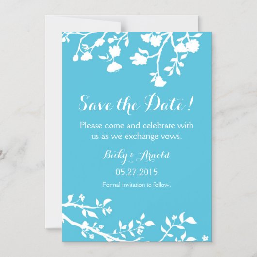 ターコイズホワイトフラワーデイトマグネットを保存 マグネット招待状 (正面)