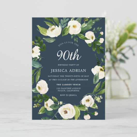 ターコイズホワイトフラワー90番目の誕生日招待状 招待状 (スタンド正面)
