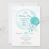 ターコイズホワイトフローラリース誕生日パーティー 招待状 (正面)