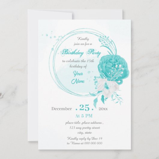 ターコイズホワイトフローラリース誕生日パーティー 招待状 (正面)