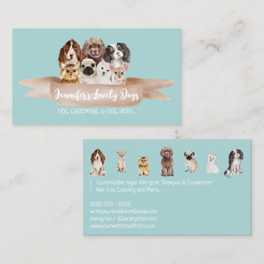 ターコイズホワイト小型犬グルーマー 名刺 (正面/裏面)