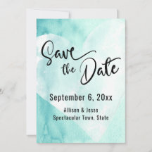 ターコイズホワイト水彩ハート Save the Date カード