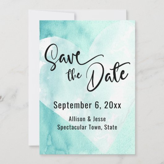 ターコイズホワイト水彩ハート Save the Date カード (正面)