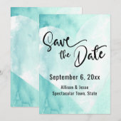 ターコイズホワイト水彩ハート Save the Date カード (正面/裏面)