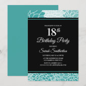ターコイズホワイト花柄18歳誕生日パーティー 招待状 (正面/裏面)