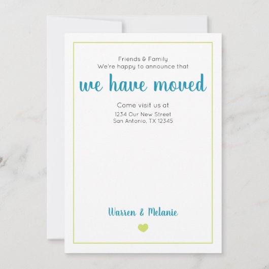 ターコイズホームスウィートホーム – テキサス州ムービング 案内状 (裏面)