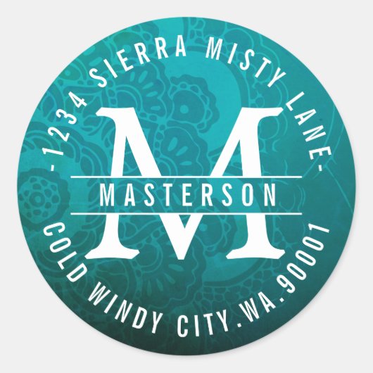 ターコイズマンダラゼンサークル差出人住所ラベル ラウンドシール (正面)