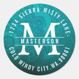 ターコイズマンダラゼンサークル差出人住所ラベル ラウンドシール