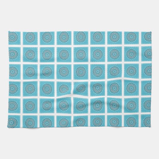 ターコイズマンダラ万華鏡のように千変万化するパターンサークル白縁ど色 キッチンタオル (横)