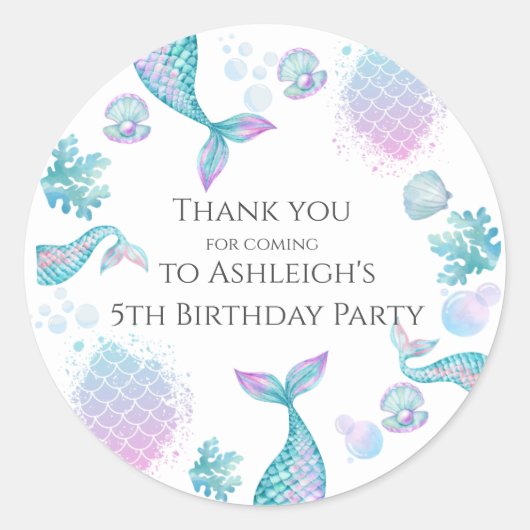ターコイズマーメイドをテーマにした誕生日パーティーステッカー ラウンドシール (正面)