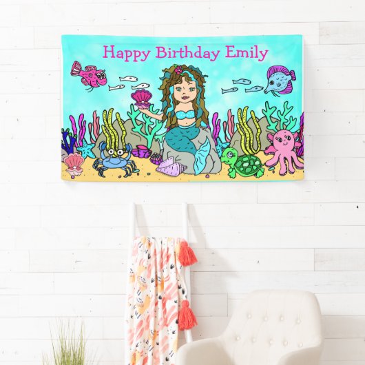 ターコイズマーメイドアンダーザシー誕生日バナー 横断幕 (インサイチュ)