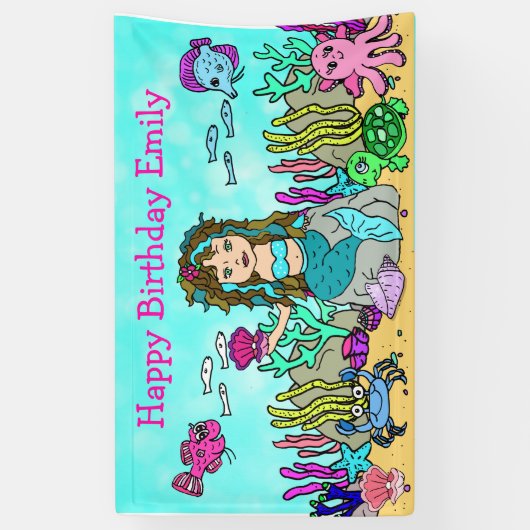 ターコイズマーメイドアンダーザシー誕生日バナー 横断幕 (縦)