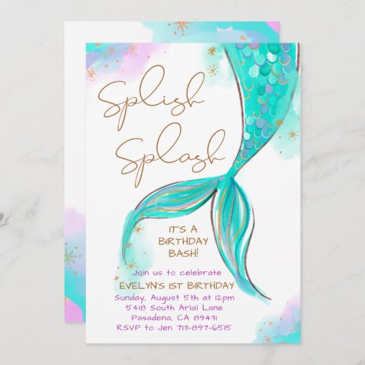 ターコイズマーメイドスプラッシュガール誕生日 招待状 (正面/裏面)