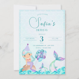 ターコイズマーメイドテールブライトカラフル誕生日 招待状