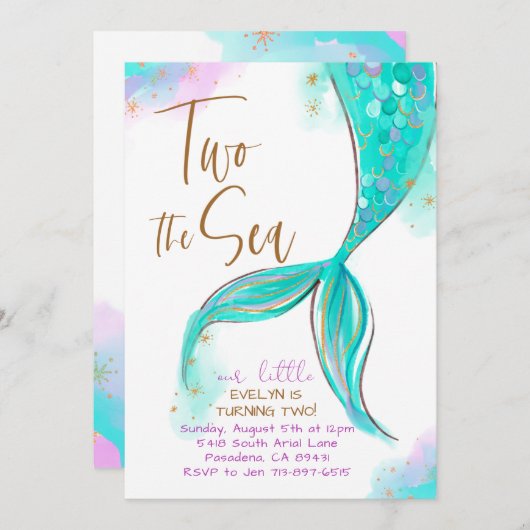 ターコイズマーメイドパーティー2海2番目の誕生日 招待状 (正面/裏面)