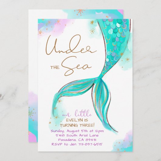 ターコイズマーメイド誕生日アンダーザシーパーティー 招待状 (正面/裏面)