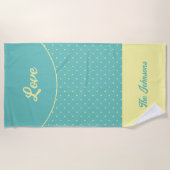 ターコイズミッドセンチュリーイエローレトロドットサマー ビーチタオル (正面)