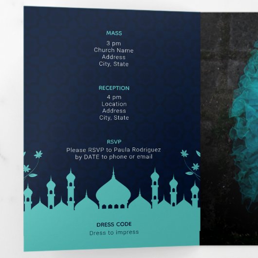 ターコイズミッドナイトブルーアラビアンナイツキンセアニラ 三つ折り招待状 (内部最初)
