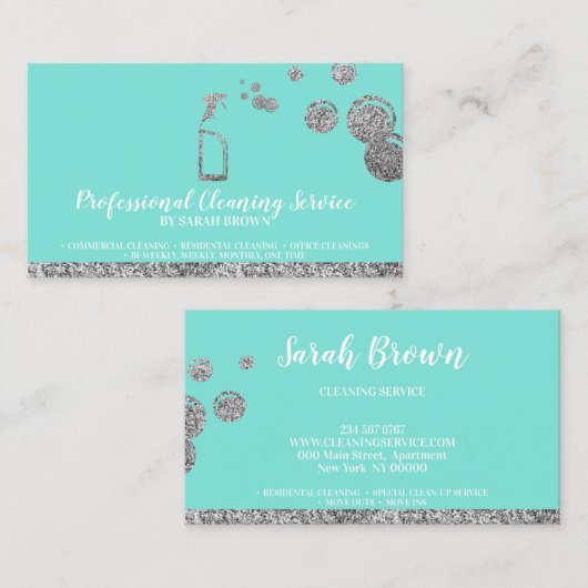 ターコイズミントシルバースパークル清掃メイド用清掃用品 名刺 (正面/裏面)