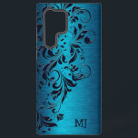 ターコイズメタリックテクスチャ&フローラレース SAMSUNG GALAXY S22 ULTRAケース<br><div class="desc">ターコイズブルーフローラレースデザイン紫色のメタリック背景の画像の上に絵を描ある。</div>