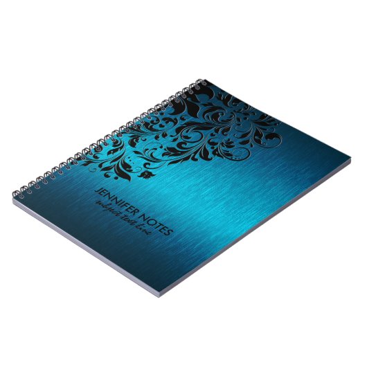 ターコイズメタリックテクスチャ&ブラックフローラレース ノートブック (左側)