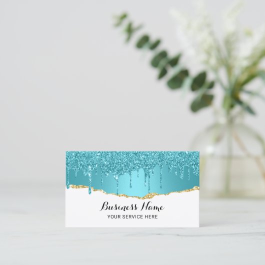 ターコイズモダングリッタードリップ抽象芸術金ゴールドティール（緑がかった色） 名刺 (スタンド正面)