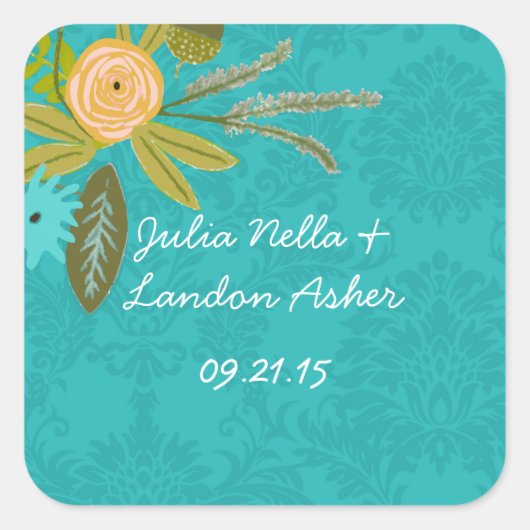 ターコイズモダンシャルトリュースダマスクウェディング スクエアシール (正面)