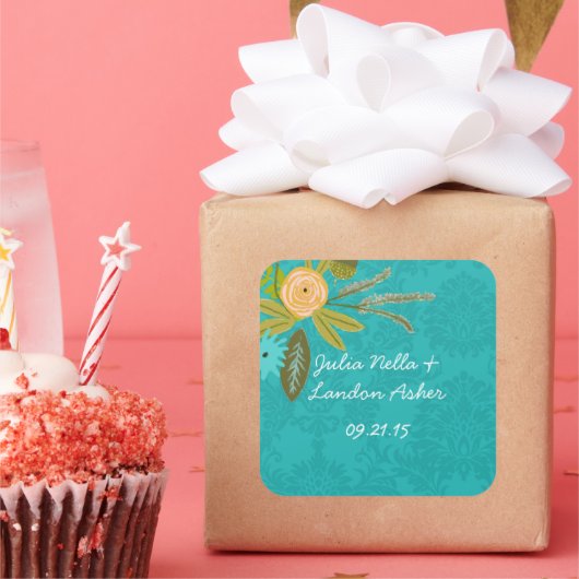 ターコイズモダンシャルトリュースダマスクウェディング スクエアシール (パーティー)