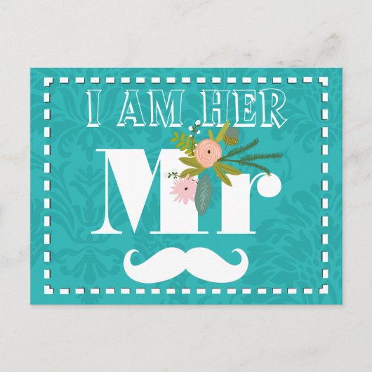 ターコイズモダンシャルトリュースダマスクウェディング ポストカード (正面)