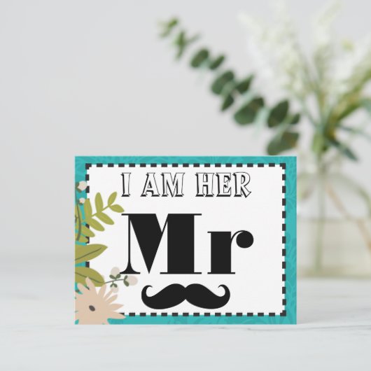 ターコイズモダンシャルトリュースダマスクウェディング ポストカード (スタンド正面)