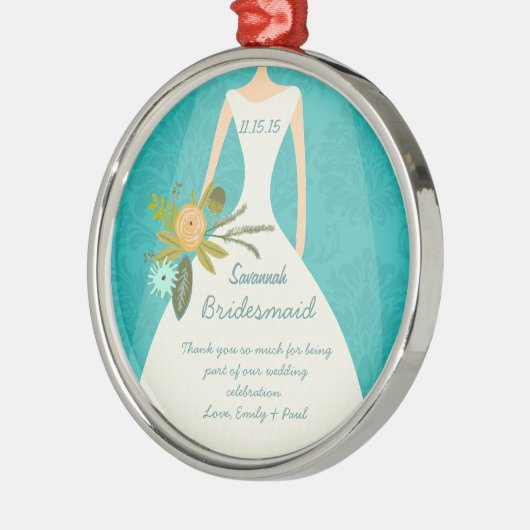 ターコイズモダンシャルトリュースダマスクウェディング メタルオーナメント (左)