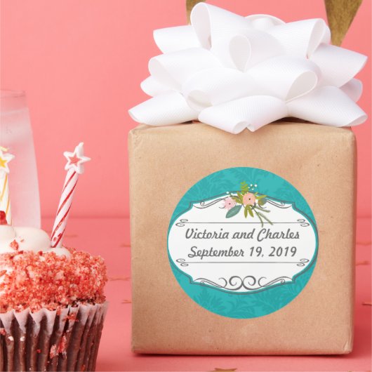 ターコイズモダンシャルトリュースダマスクウェディング ラウンドシール (パーティー)