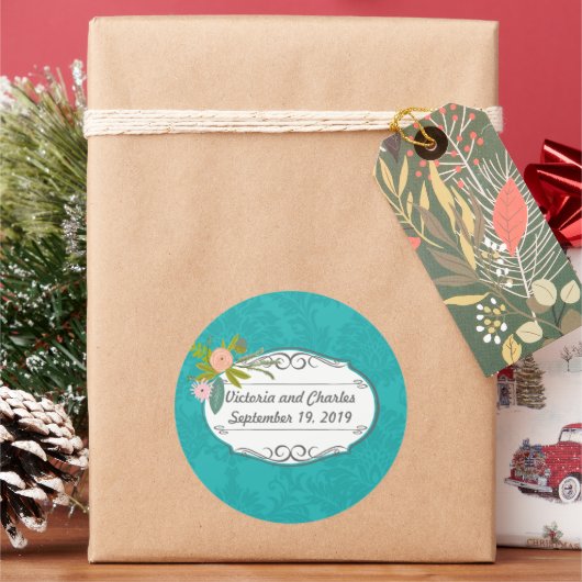 ターコイズモダンシャルトリュースダマスクウェディング ラウンドシール (クリスマス)