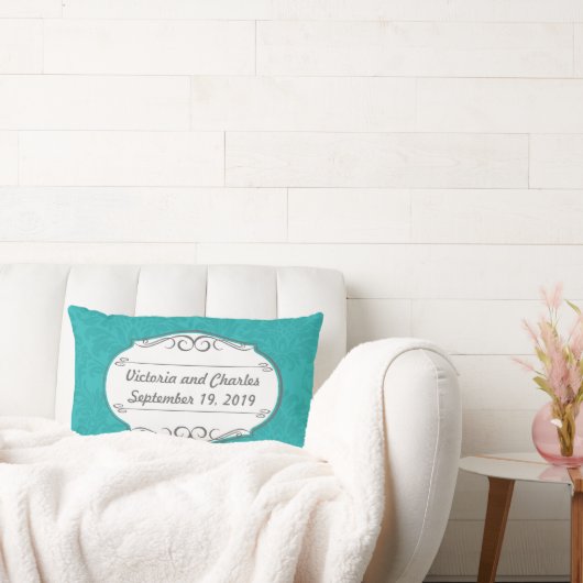 ターコイズモダンシャルトリュースダマスクウェディング ランバークッション (ソファ)