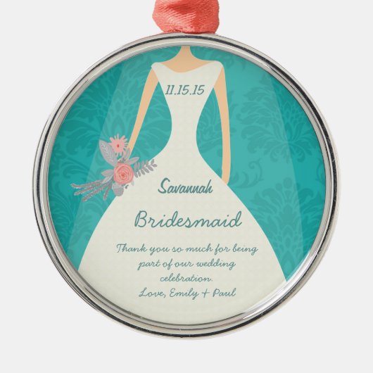 ターコイズモダンダマスウェディング メタルオーナメント (正面)