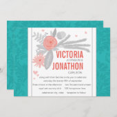 ターコイズモダンティール（緑がかった色）ダマスウェディング 招待状 (正面/裏面)